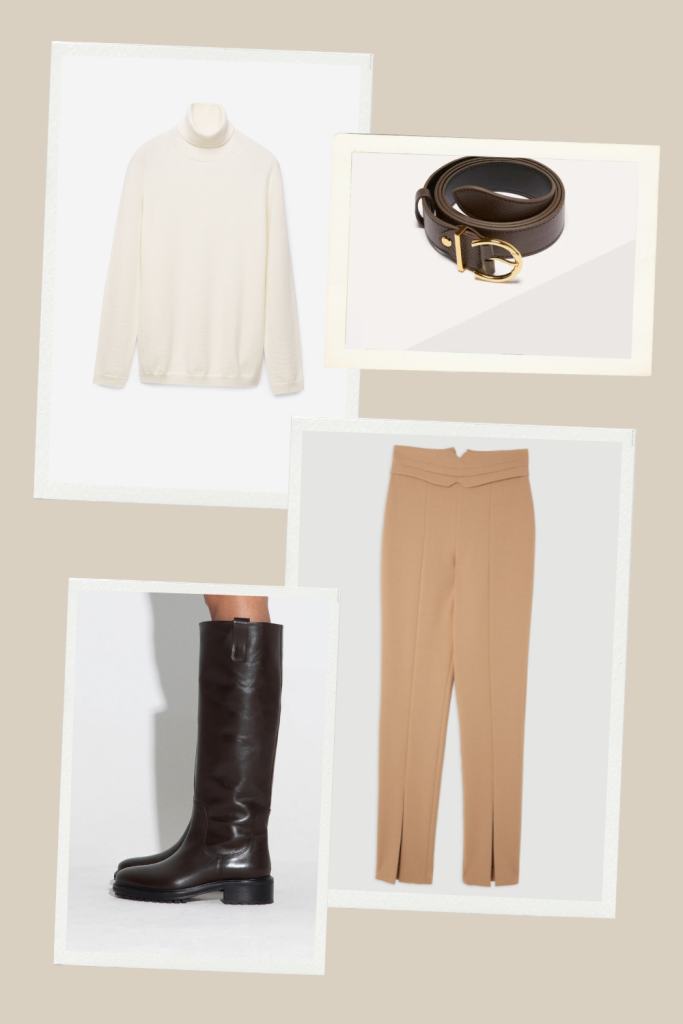 Elegant and cozy Thanksgiving outfit with a cream turtleneck sweater, camel tailored pants, dark brown leather belt with gold buckle, and knee-high dark brown leather boots. A warm, stylish look perfect for a relaxed holiday gathering.