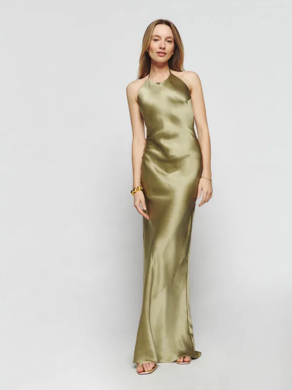 Glamorous olive green satin gown with a halter neck, exuding elegance and luxury for evening wear.