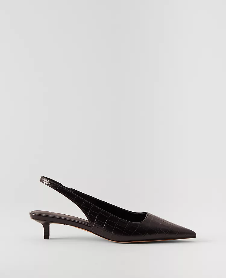 lack croc-embossed slingback kitten heel with pointed toe, offering a textured and sophisticated finish to an outfit.