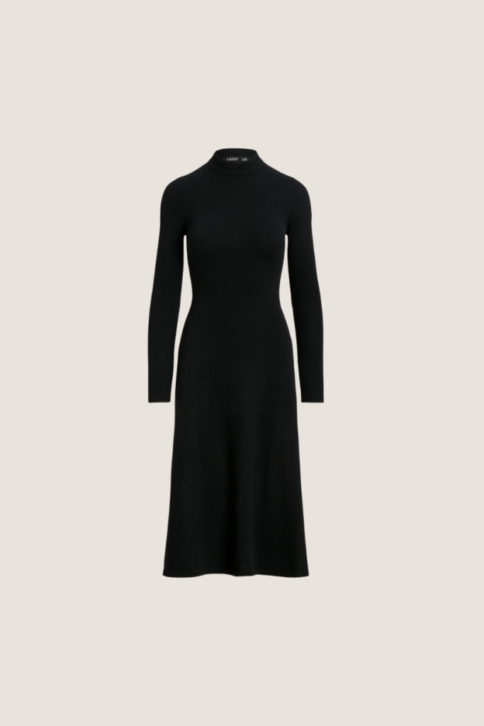 Minimalist black knit dress with long sleeves and a modest silhouette, a staple piece for a classic wardrobe.