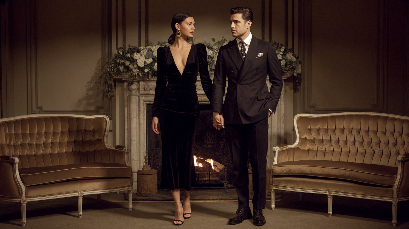 Elegant couple dressed in classic old-money style, holding hands in a luxurious, vintage-inspired setting with a grand fireplace and antique velvet sofas, exuding timeless sophistication and romance perfect for a refined Valentine's Day celebration.