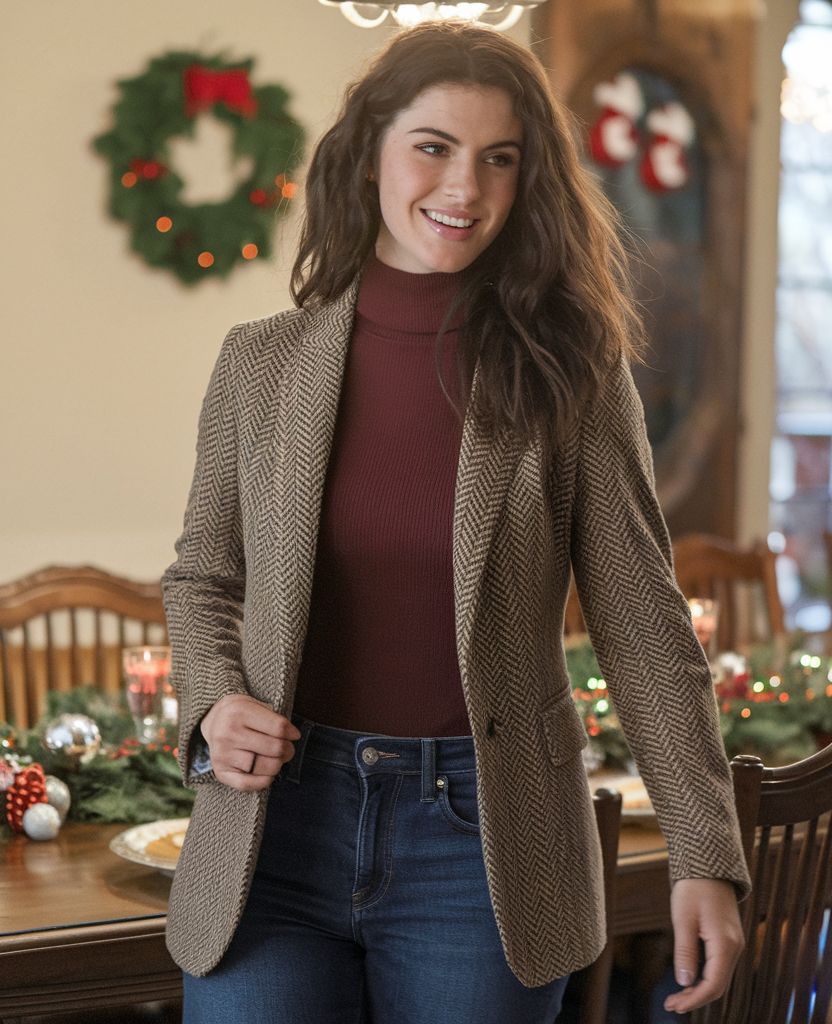 Elegant woman embodying old money Christmas style, wearing a timeless herringbone blazer over a burgundy turtleneck. Set against a festive background with wreaths and holiday decorations, showcasing classic holiday fashion.