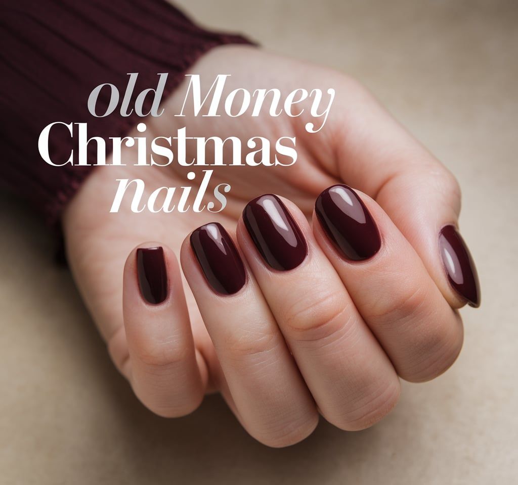 Manicured hand featuring rich, glossy burgundy nails, showcasing the old money Christmas nails style. The deep red tone adds sophistication and elegance, perfect for a classic and luxurious holiday look.