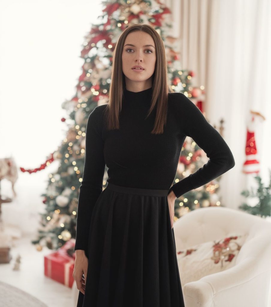 Elegant woman in a festive setting, wearing a classic black long-sleeve top and matching skirt. Standing by a beautifully decorated Christmas tree, she exudes timeless sophistication and understated holiday style.