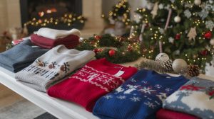 Classic old money Christmas jumpers neatly folded on a festive table, with a cozy wreath and holiday decor in the background. Perfect vintage-style Christmas sweaters featuring timeless designs in red, blue, and neutral tones, adding a sophisticated touch to holiday decor.