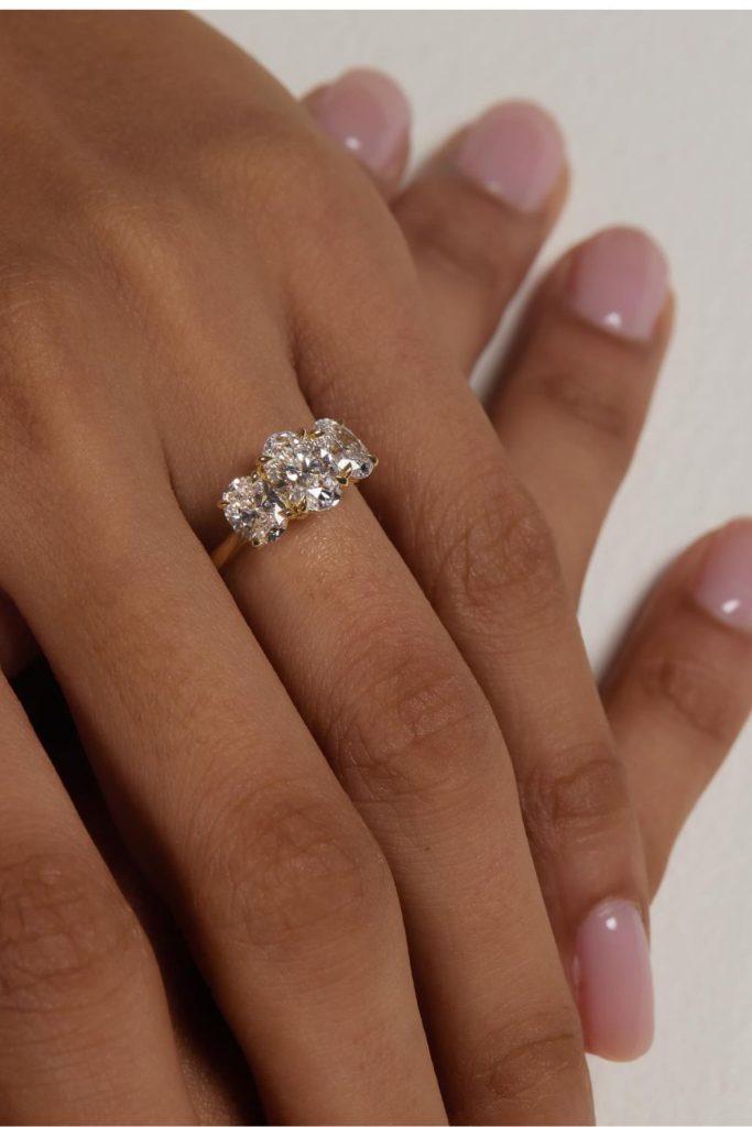 Hand wearing a stunning oval-cut three-stone diamond engagement ring, capturing timeless elegance with a graceful and refined design.