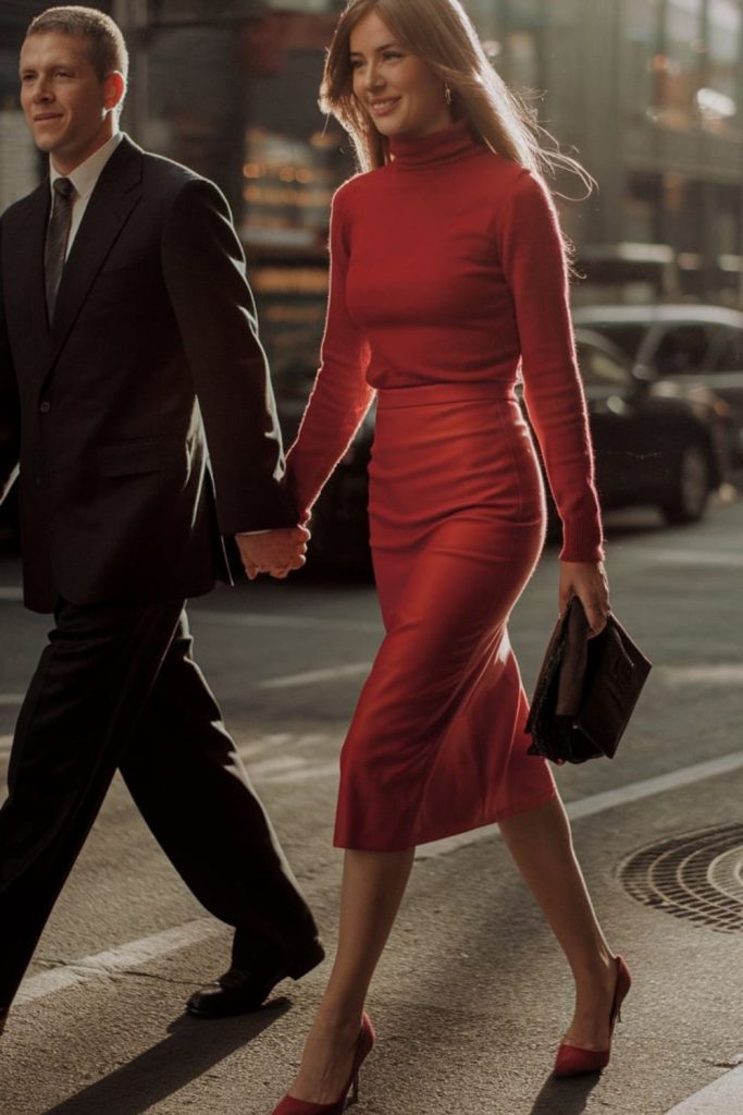 Woman in an old Money Valentines Outfits (red turtleneck and pencil skirt), walking hand-in-hand with a man in a black suit, creating a sophisticated Valentines style look.