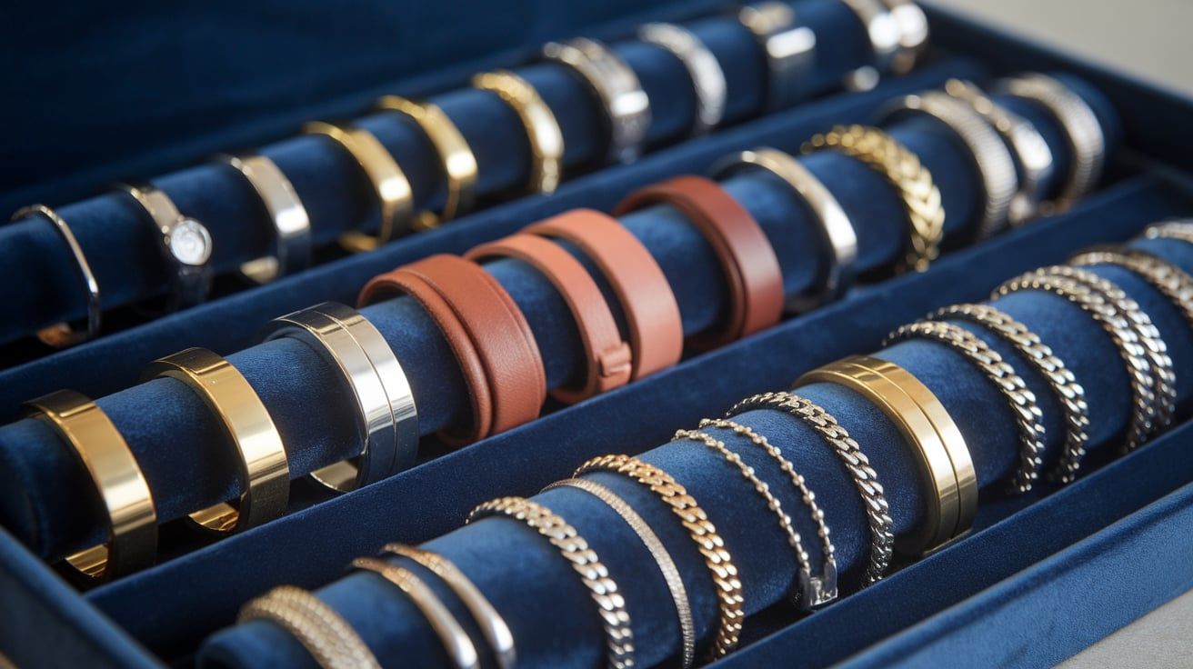 Luxurious collection of old money bracelets for men displayed in a navy velvet-lined jewelry box, featuring gold cuffs, leather bands, and silver chains.