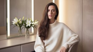 lady in front of mirror ready to hair old money hair routine