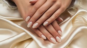Elegant soap nails featuring a glossy, milky manicure with a neutral nails aesthetic, showcasing a clean and sophisticated look.