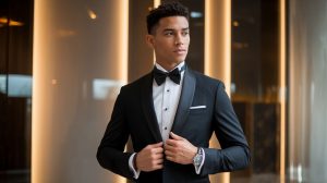 A young man wearing a classic black tuxedo with a satin lapel, perfect for prom suits for men, exuding timeless elegance and sophistication.
