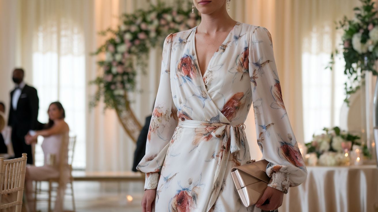 Elegant March wedding guest outfit featuring a floral wrap dress with long sleeves and a V-neckline.
