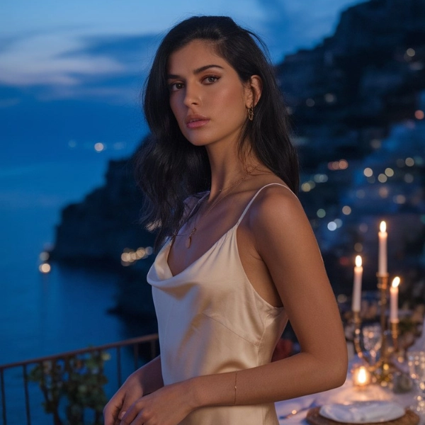 Woman in a champagne silk dress with delicate gold jewelry, posing by candlelight with the Amalfi Coast in the background at dusk.