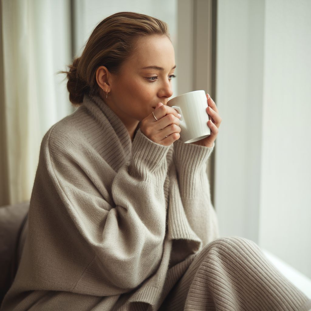 Woman quietly enjoying a warm drink in a cozy sweater, seated by a window with soft natural light.