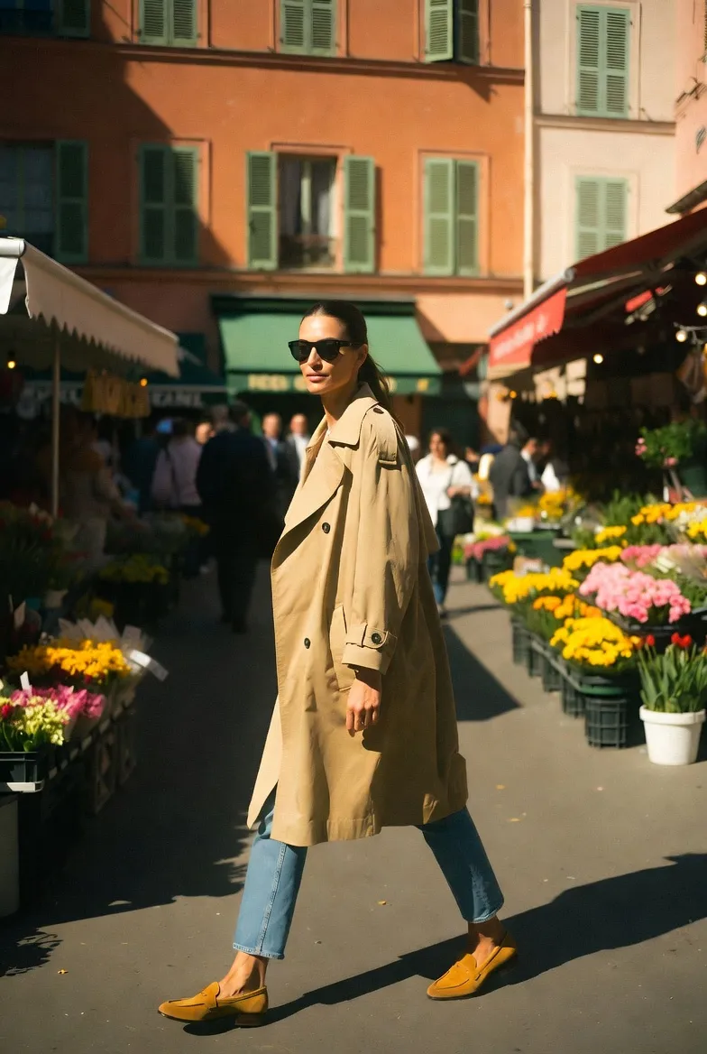 trench coat + straight jeans + loafers