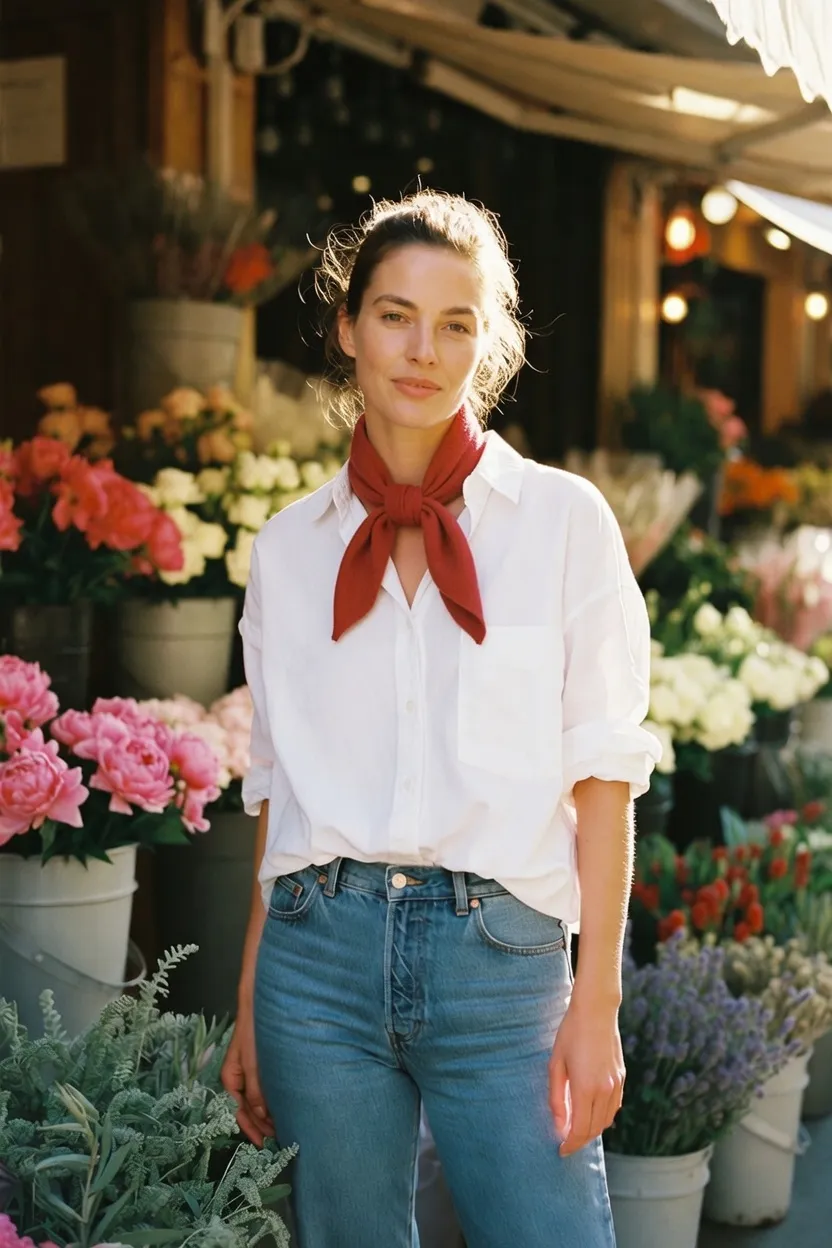 white shirt + denim + silk scarf