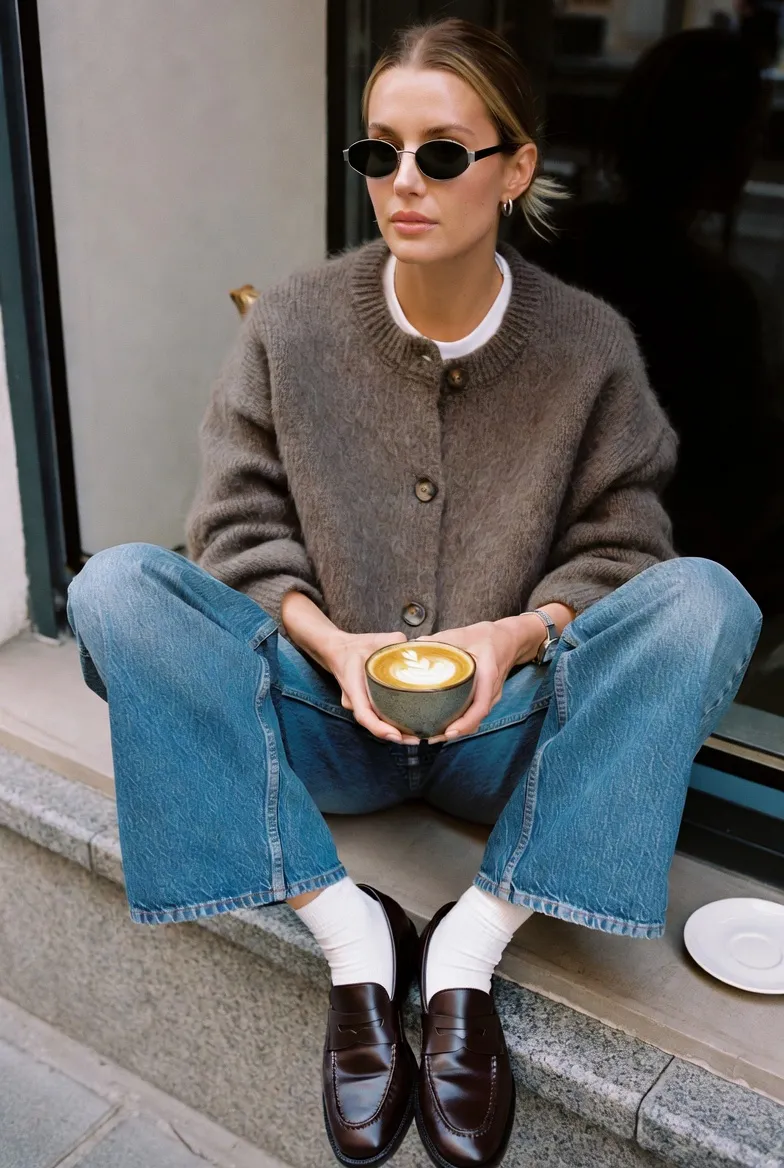 Baggy Jeans, Fuzzy Cardigan, and White Socks