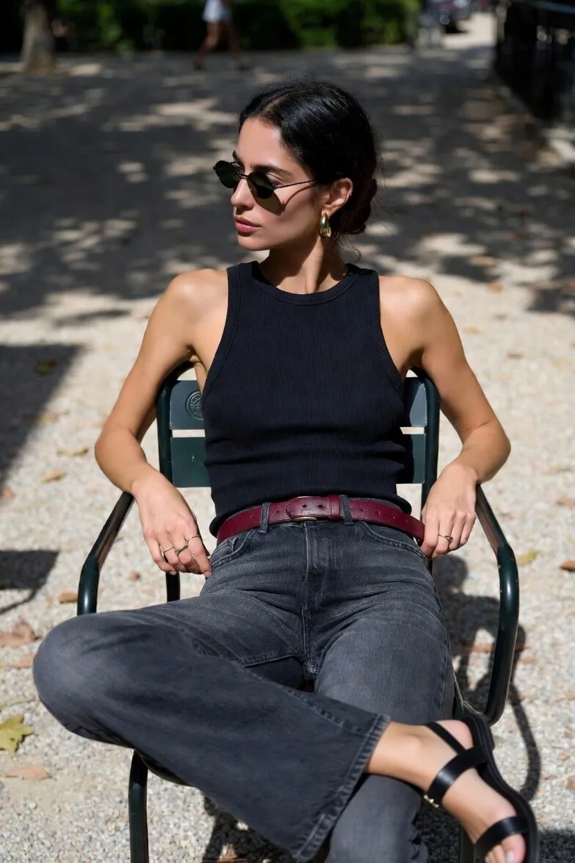 Black Ribbed Tank With Grey Washed Jeans and Burgundy Belt