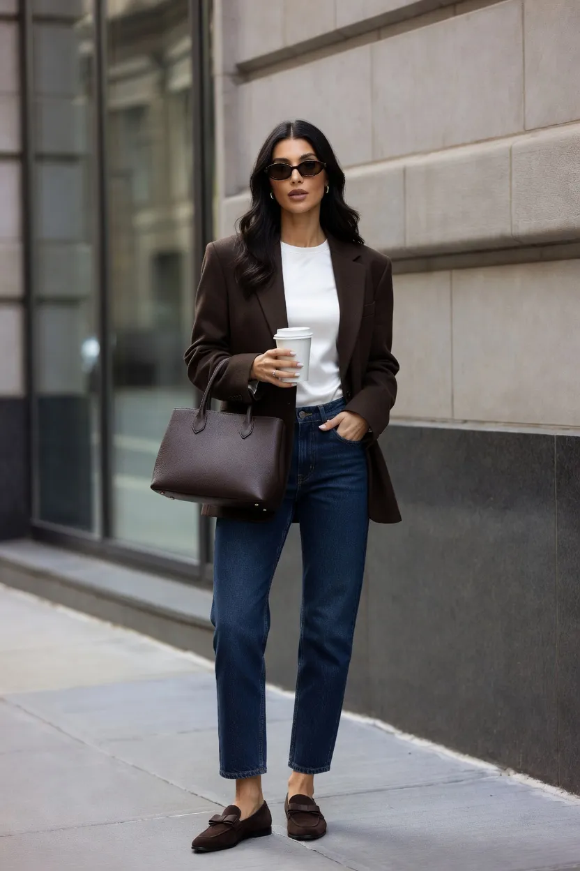 Brown Blazer, White Tee, and Straight Jeans