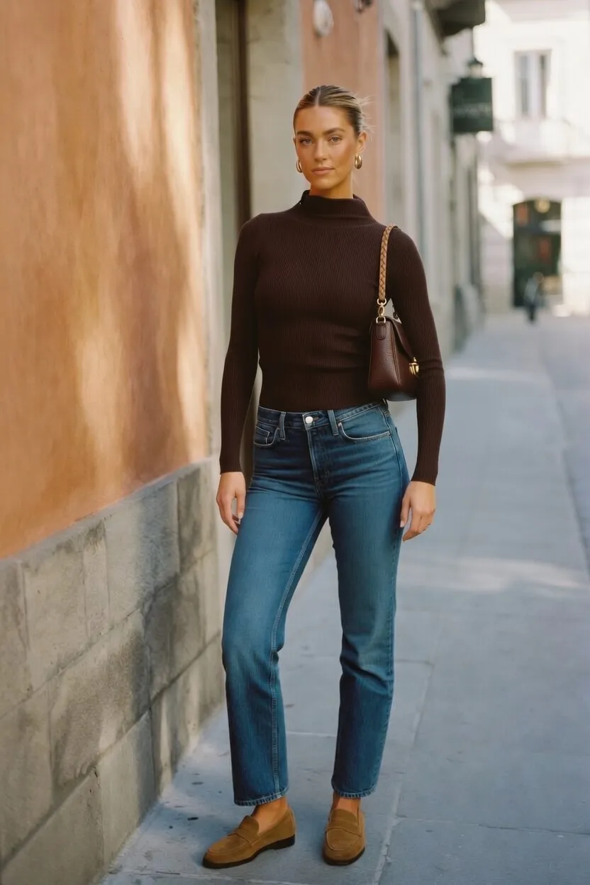 Brown Turtleneck, Straight Jeans, and Tan Loafers