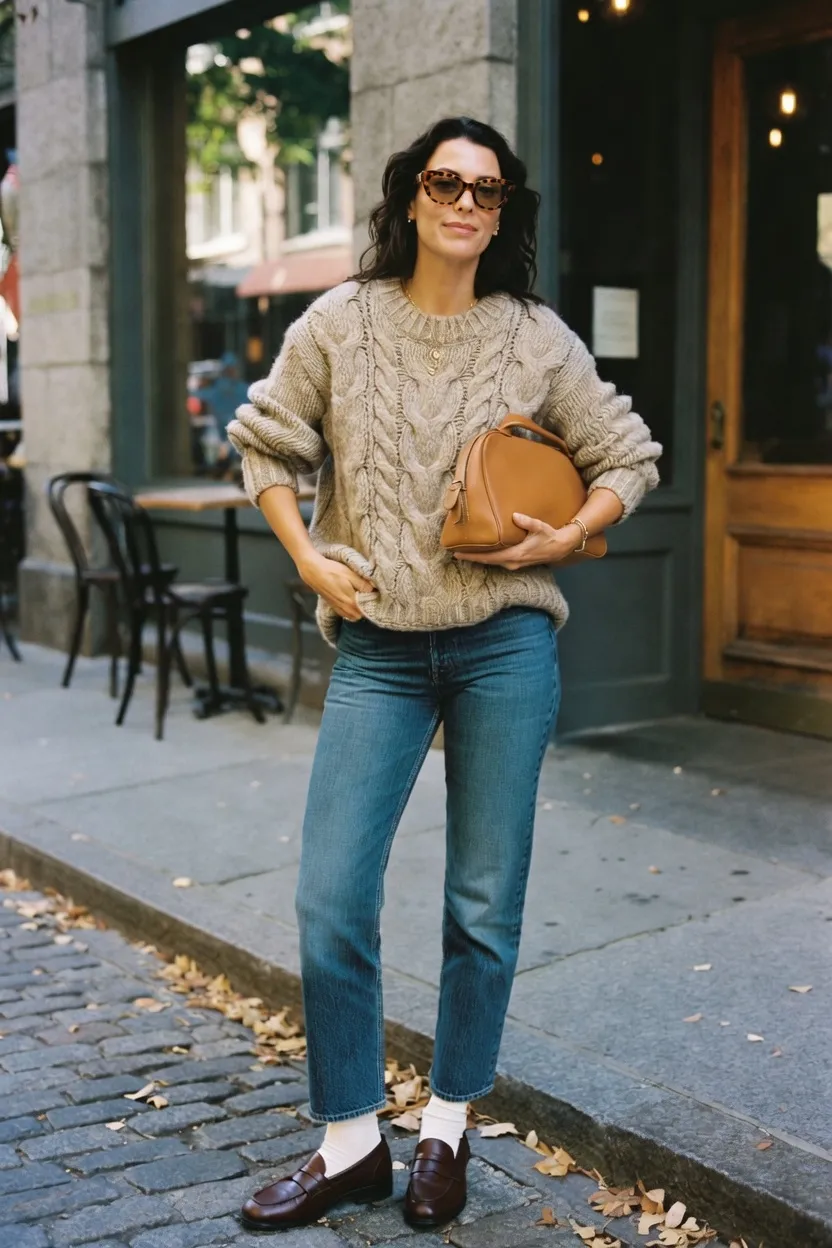 Cable Knit Sweater, Straight Jeans, and a Round Leather Bag