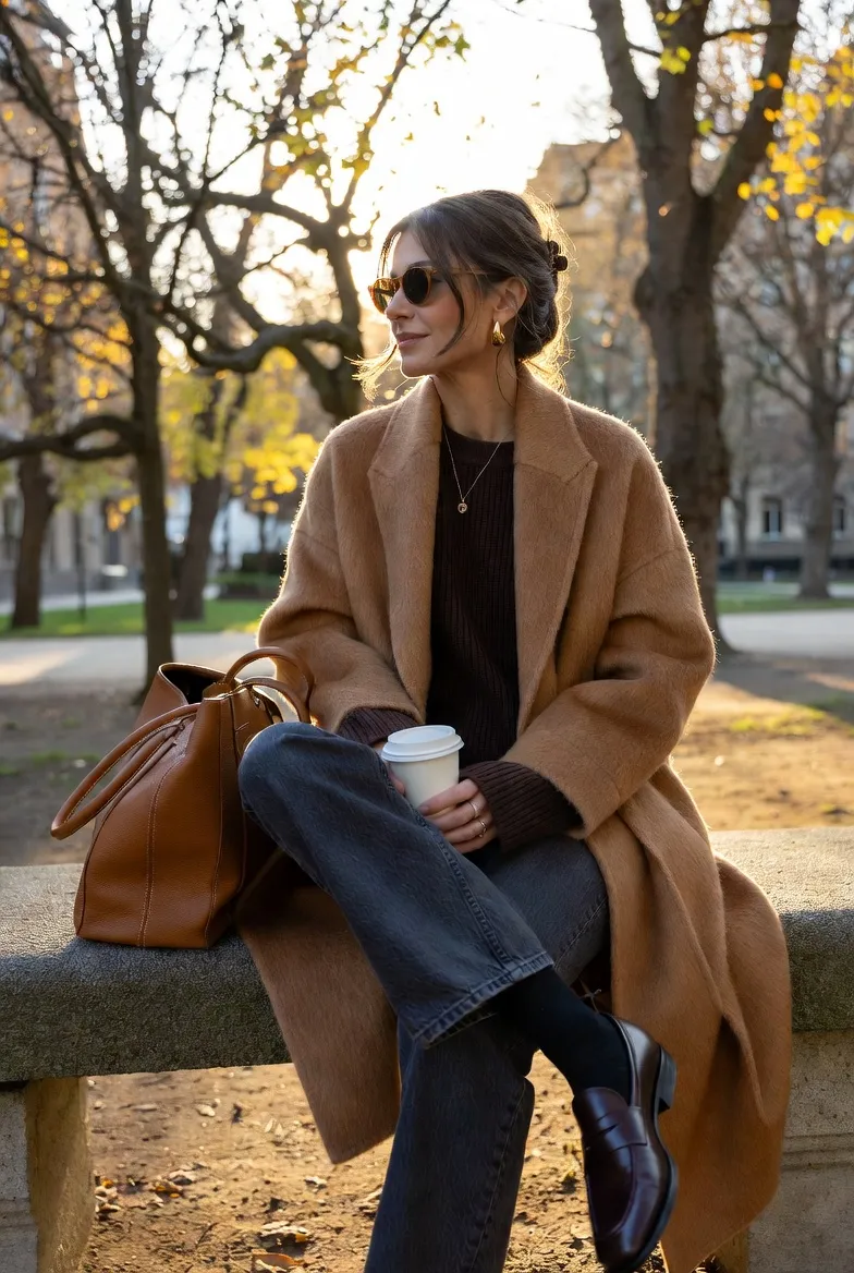 Camel Coat, Dark Knit, and Grey Jeans