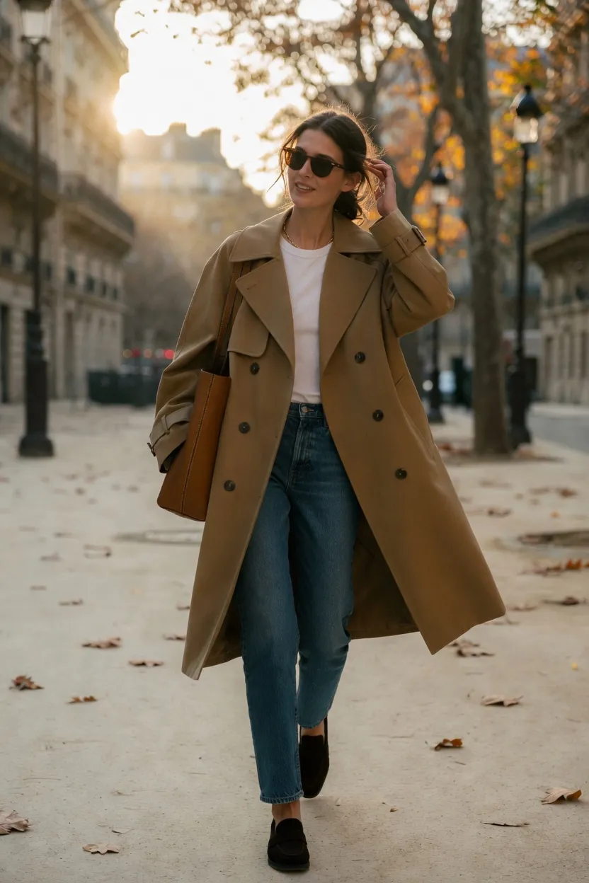 Camel Trench Coat, White Tee, and Light Wash Jeans