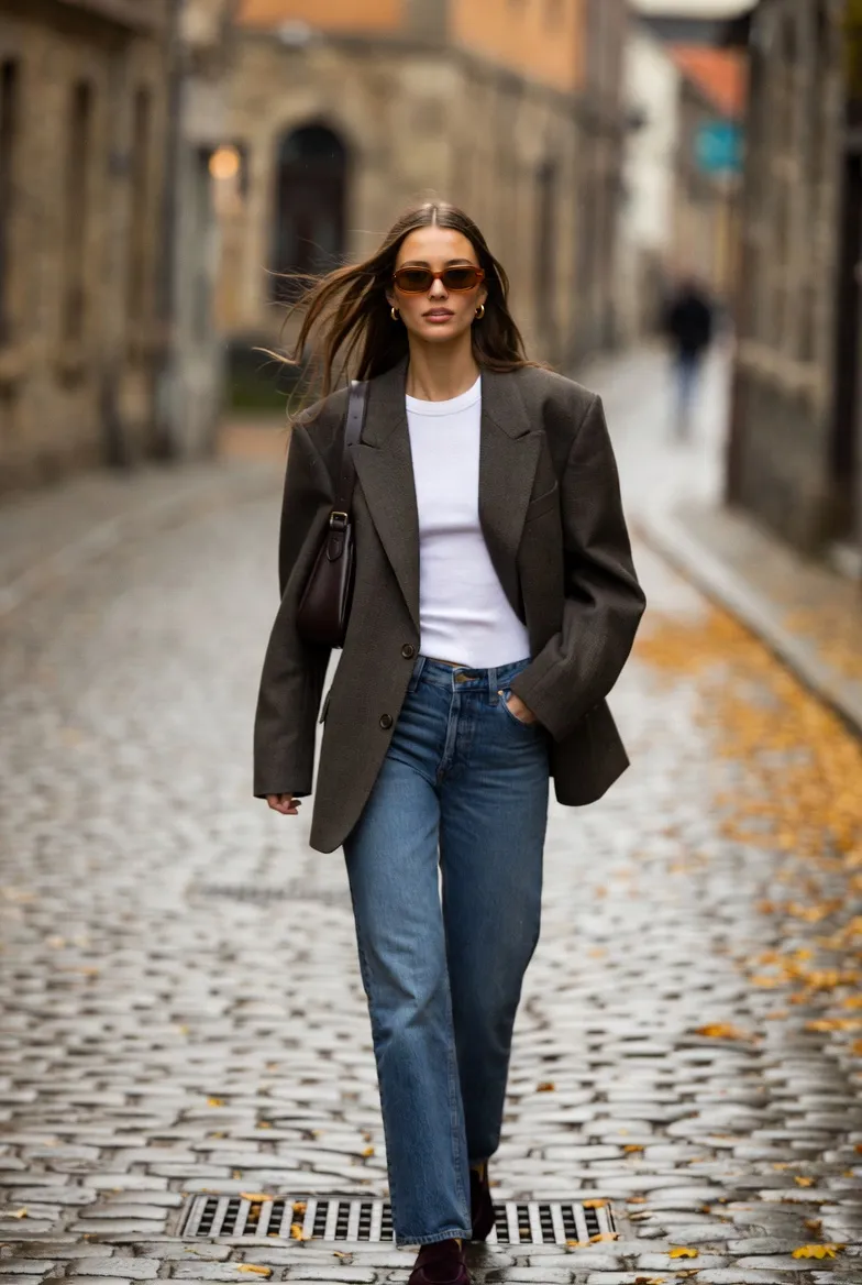 Charcoal Blazer, White Tee, and Wide-Leg Jeans