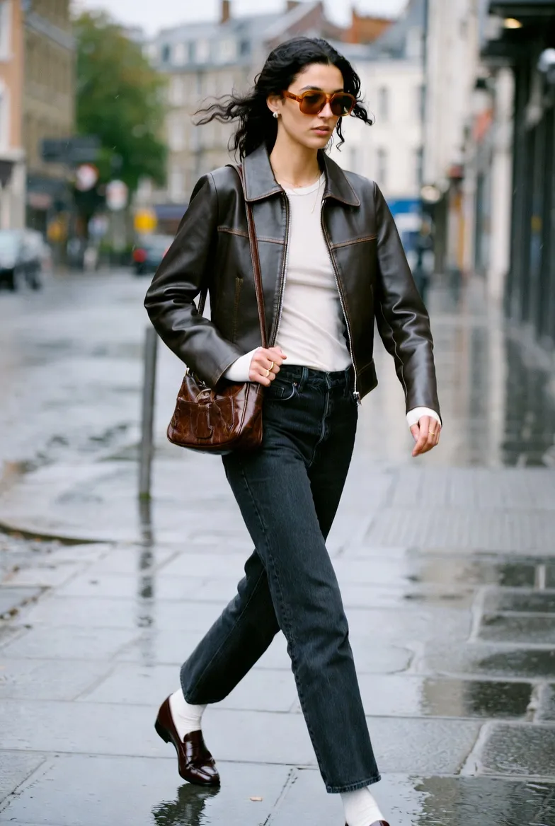 Dark Leather Jacket, White Tee, and Charcoal Jeans