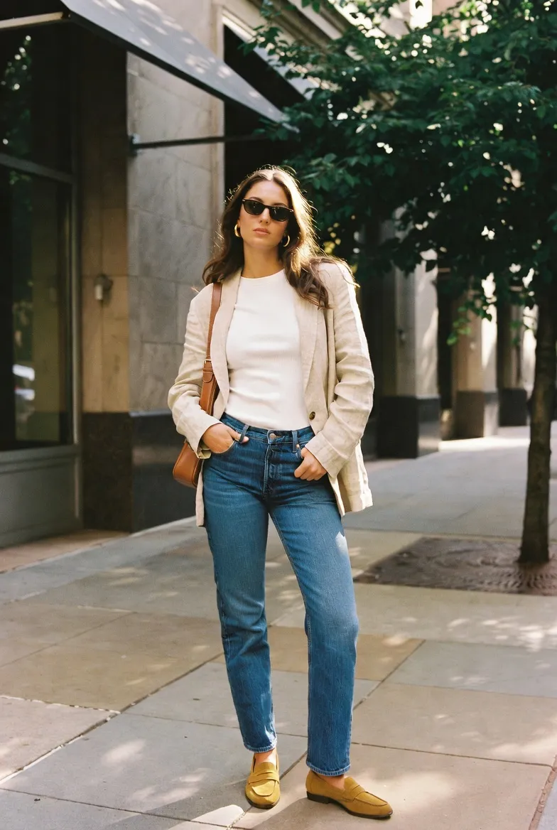 Linen Blazer, White Tee, and Mom Jeans