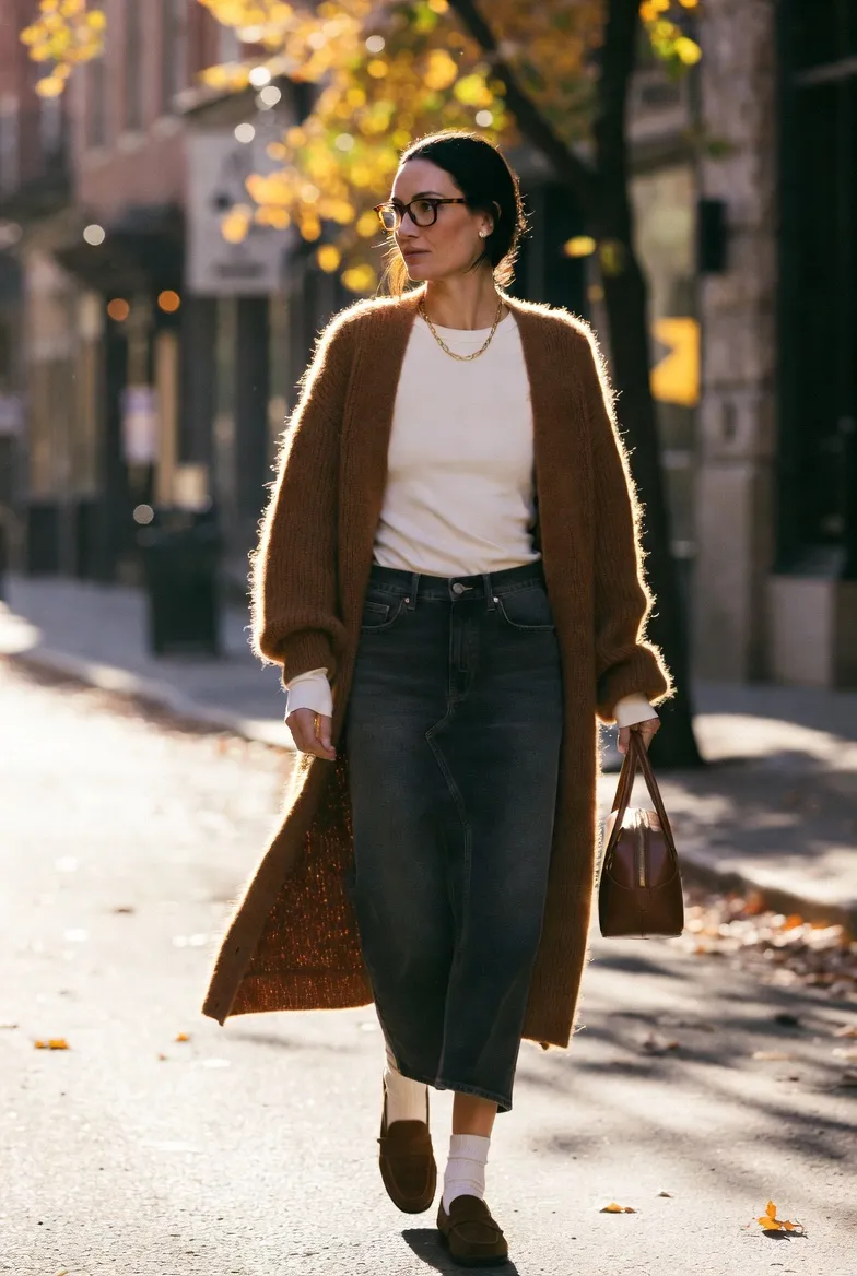 Long Rust Cardigan, Cream Tee, and Dark Denim