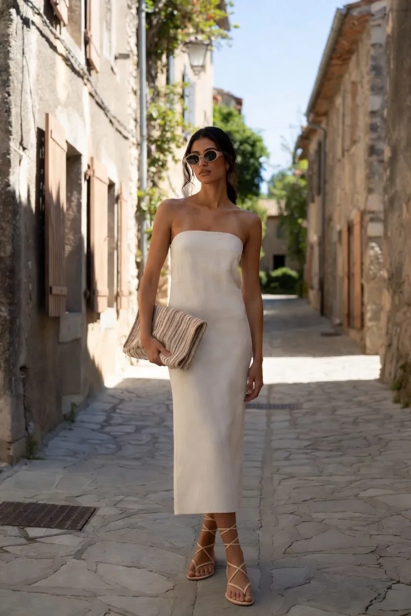 Strapless Cream Midi Dress With Lace-Up Sandals