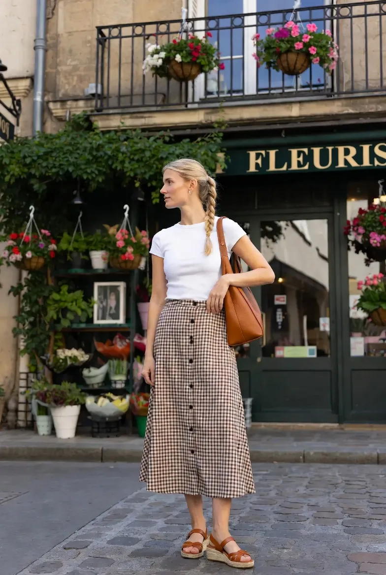 White Baby Tee With Gingham Button-Front Midi Skirt