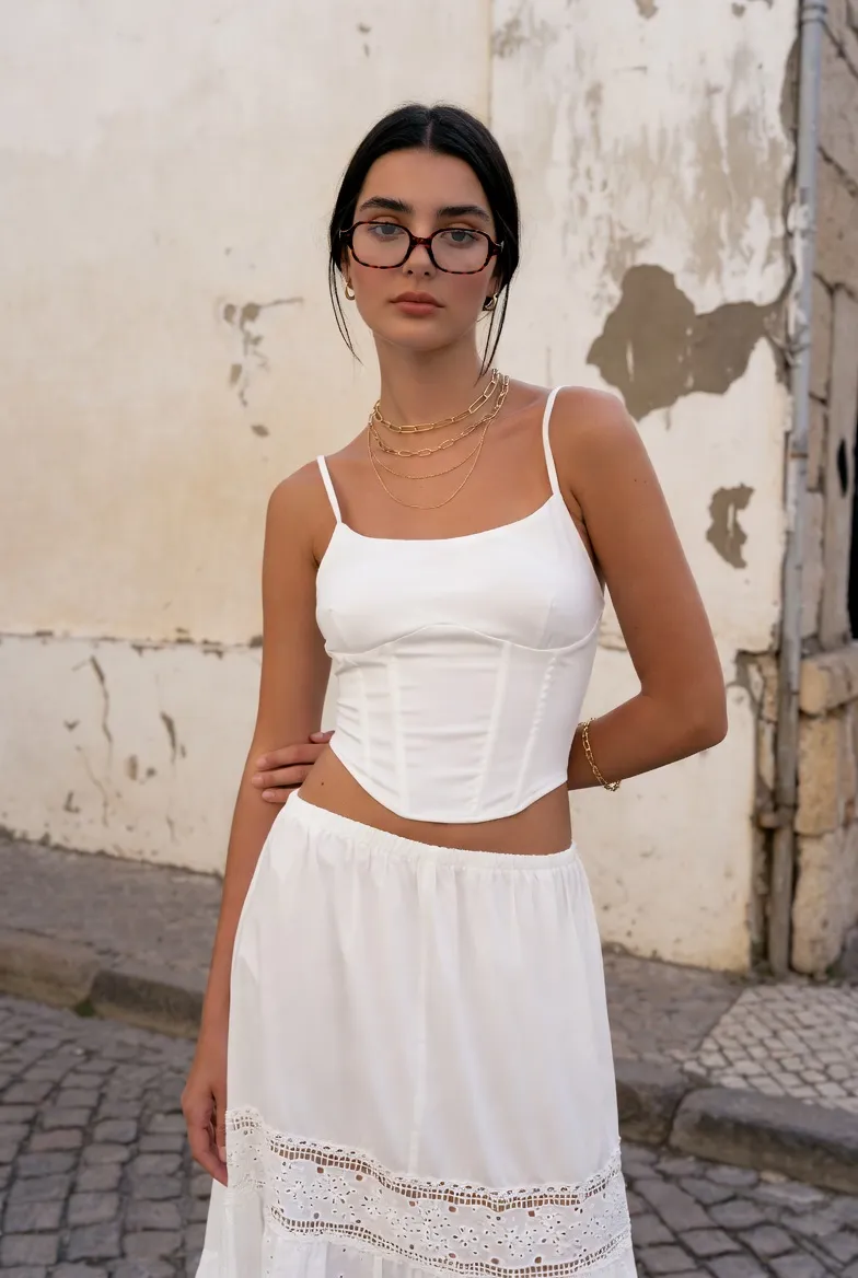 White Corset Top With Eyelet Lace Midi Skirt