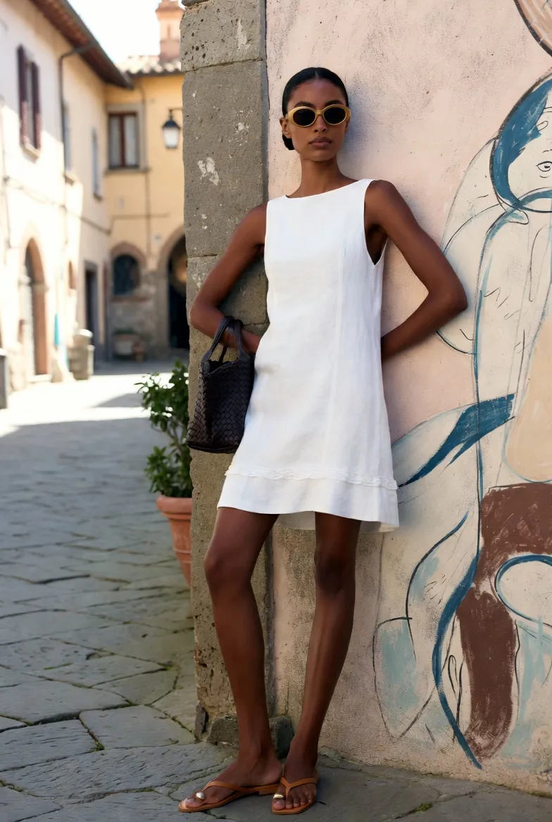 White Linen Mini Dress With Woven Leather Tote