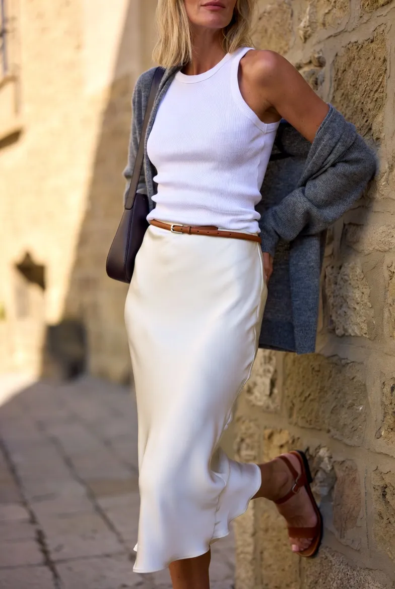 White Racerback Tank With Satin Slip Skirt and Grey Cardigan