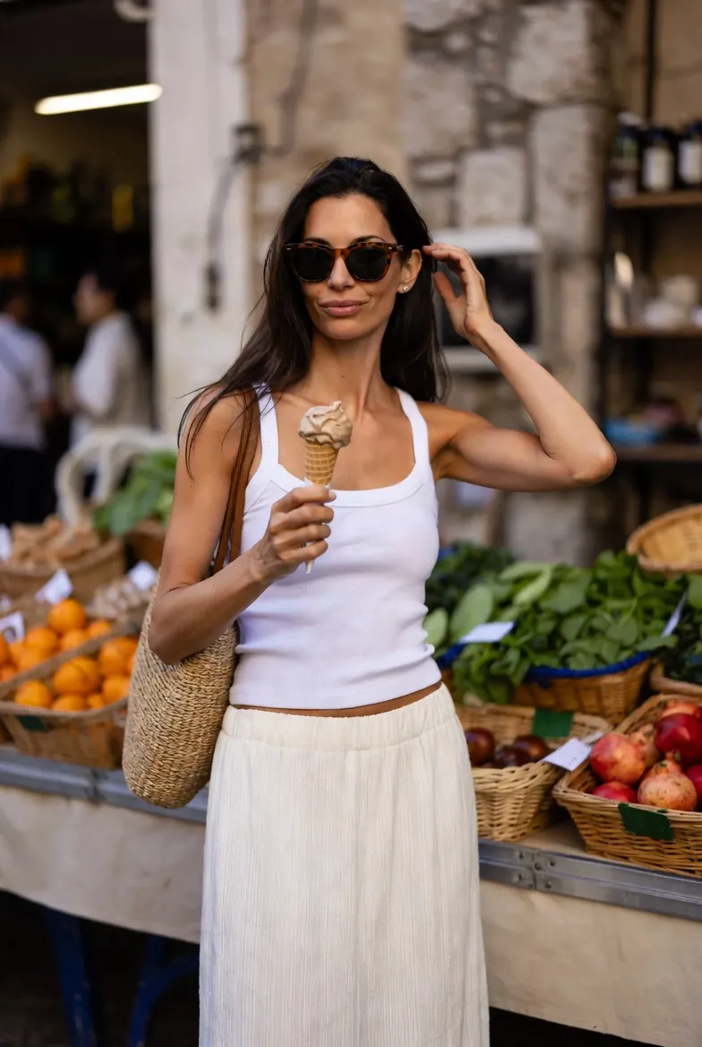 White Ribbed Tank Top With Cream Linen Midi Skirt