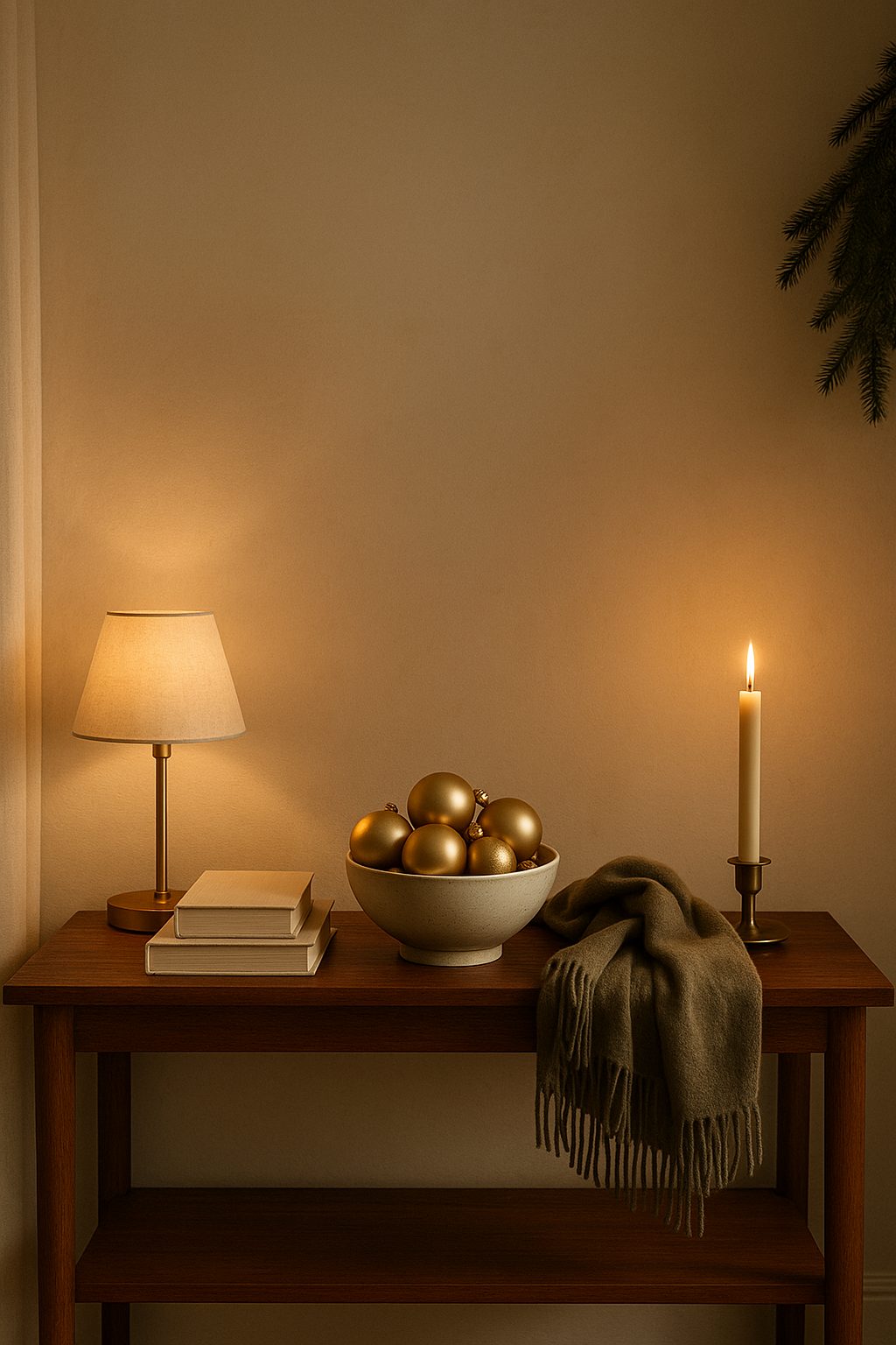 A cozy holiday living room vignette with a wooden console table, warm lamp light, stacked books, clementines in a ceramic bowl, a draped wool scarf, and a lit candle creating a soft glow for a christmas eve outfits
