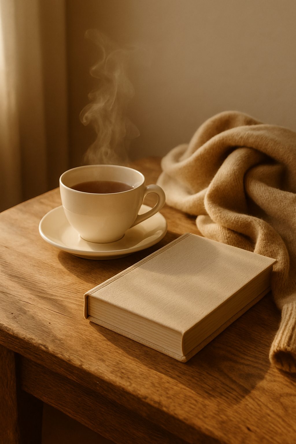 A warm holiday gift guide moment with a cup of tea, a linen-bound book, and a wool sweater in soft morning light.
