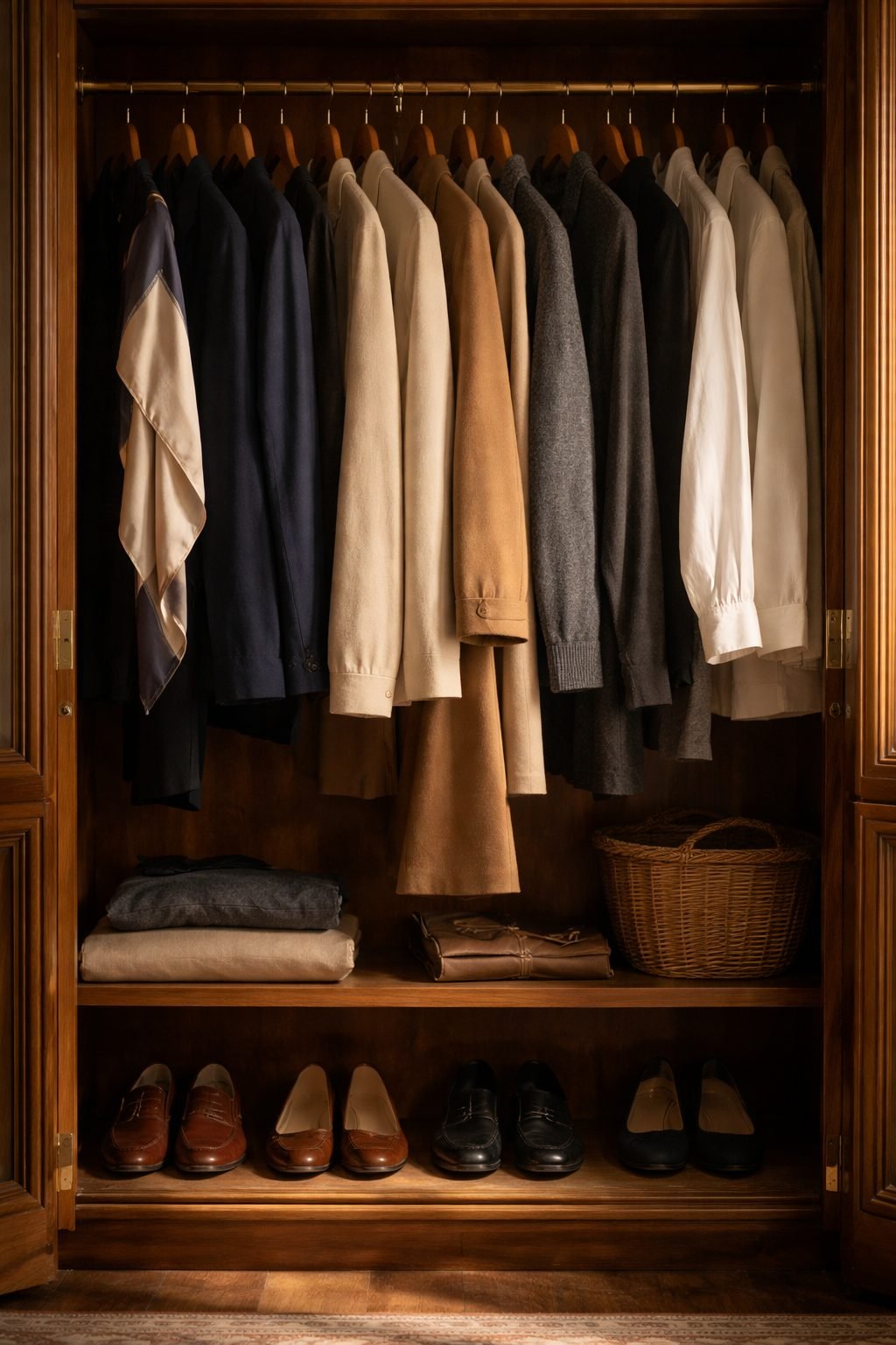 The Day I Realized I Didn’t Need New Clothes to Feel Elegant shown through a full wardrobe that feels calm but unresolved