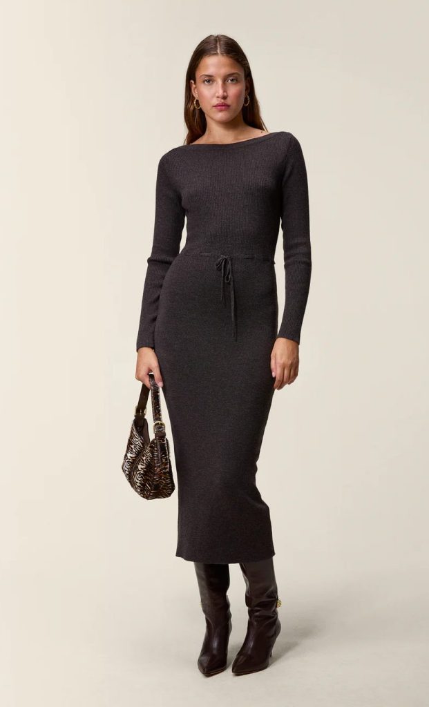 Charcoal knit Corporate Dress with long sleeves, relaxed fit and midi length offering comfort and everyday ease