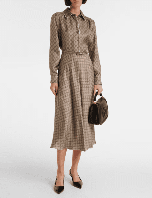 Patterned midi Corporate Dress with long sleeves and soft pleating, polished look with subtle movement