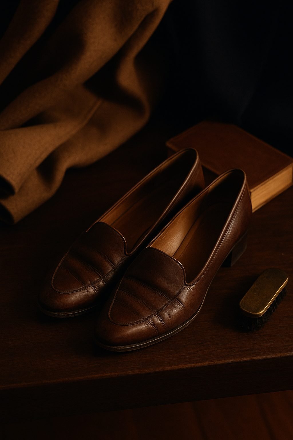 Old money shoe brands shown through worn leather loafers on a walnut bench with camel coat, brass brush, warm evening light