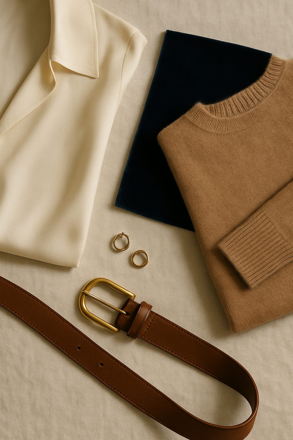 Flat lay of elegant outfit textures including a silk blouse corner, velvet swatch, cashmere knit, leather belt, and small gold earrings, styled in a refined quiet-luxury look for a christmas eve outfits