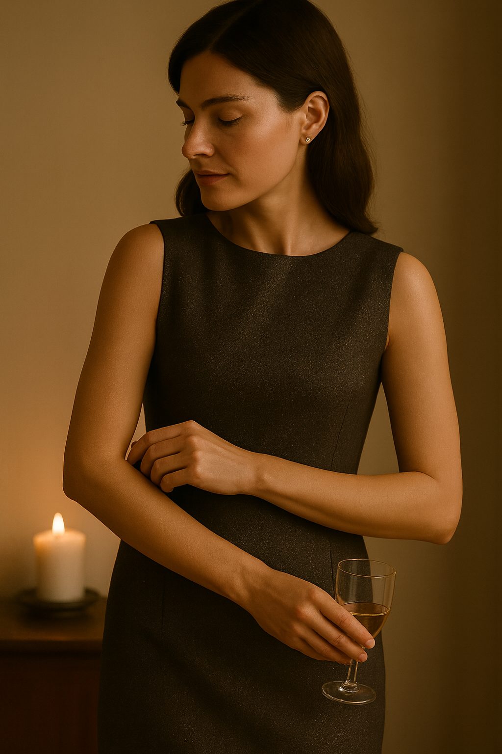 Woman in soft evening light wearing a wool-blend sheath dress, captured mid-movement in an understated, elegant style that fits the quiet-luxury theme of a christmas eve outfits