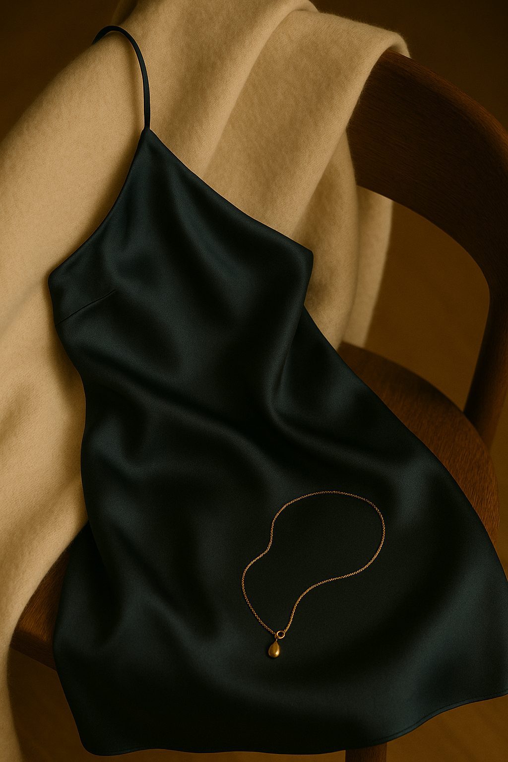 Close-up of a satin slip dress paired with a thin cashmere wrap and a delicate clasped necklace, arranged on a chair to evoke a soft, luxurious feel for a christmas eve outfits
