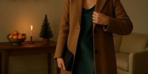 Elegant Christmas Eve scene with a woman adjusting her refined holiday outfit in a softly lit living room, featuring quiet luxury textures like silk and wool, warm candlelight, and minimal festive greenery.