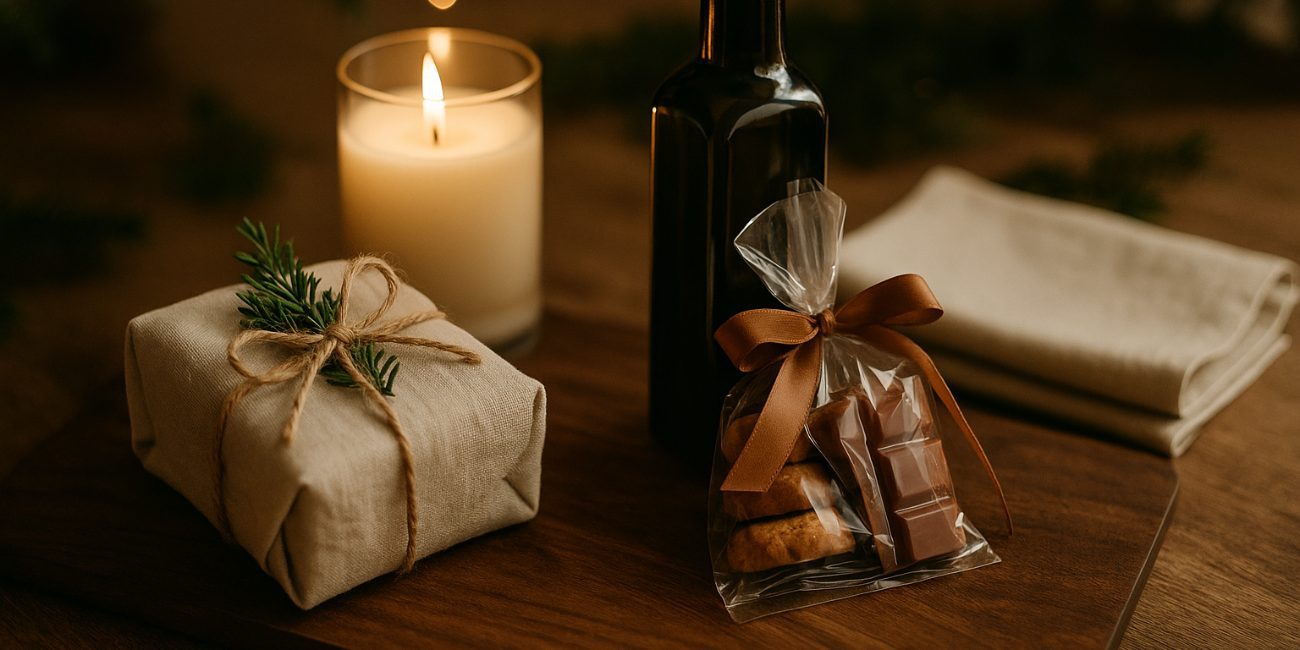 Holiday vignette of christmas hostess gifts including a linen-wrapped, a premium olive oil bottle, a bag of cookies and chocolates, and a glowing candle on a wooden table.