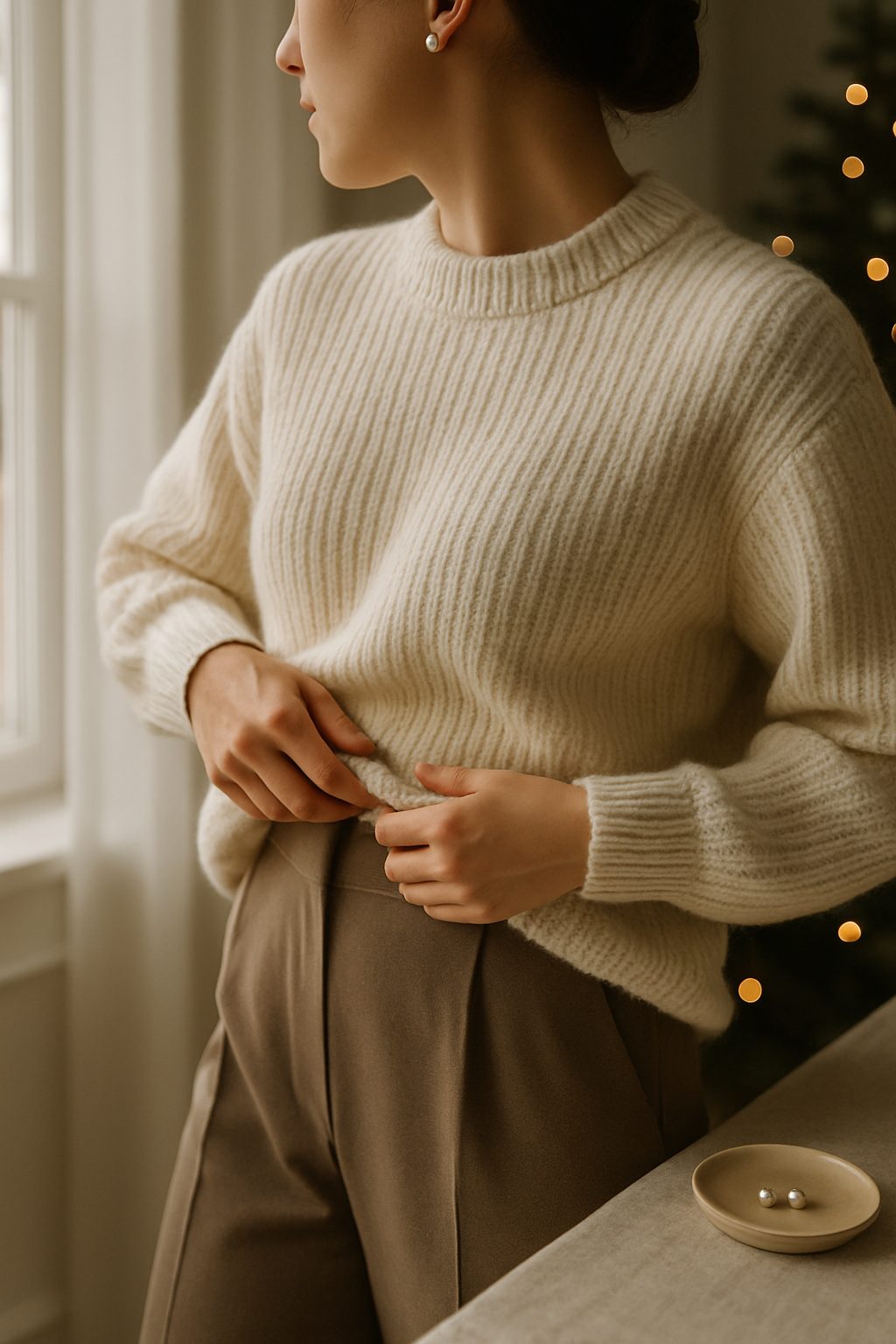 Cream knit sweater with tailored trousers and pearl studs for Elegant Christmas Day Outfits.