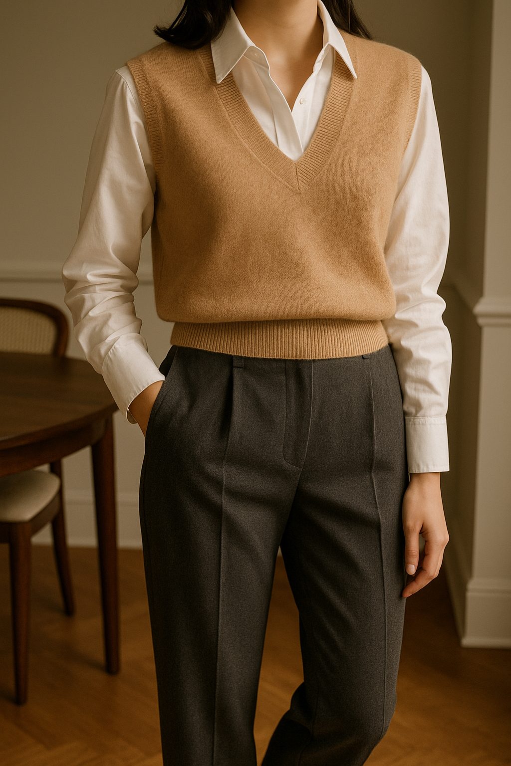 Button down shirt with cashmere vest and wool trousers for Elegant Christmas Day Outfits.